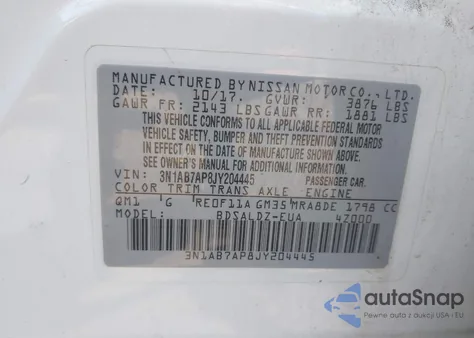 2018 Nissan Sentra Sv z USA, uszkodzony, nr VIN 3N1AB7AP8JY204445